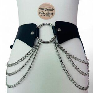 Black faux leather chain belt with silver hardware